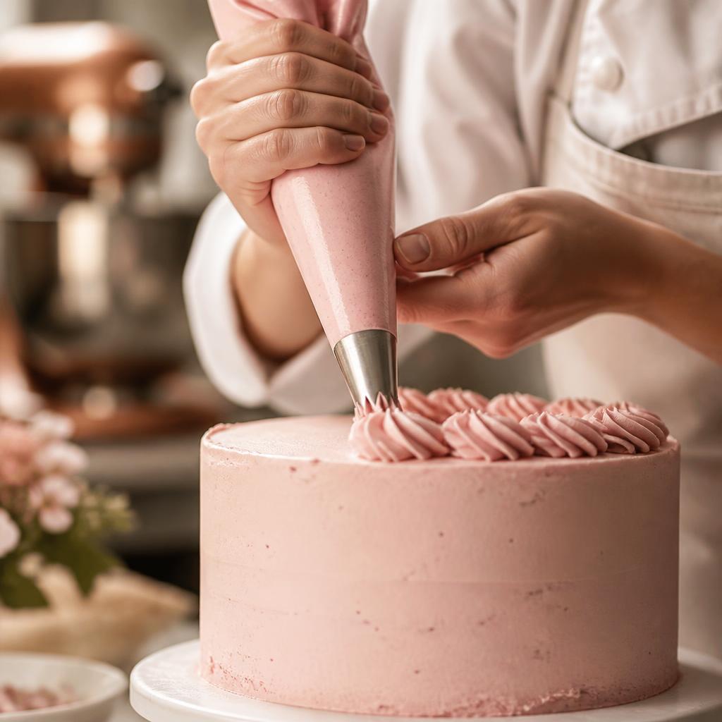 Manos de Adriana Puerta decorando una torta con manga pastelera