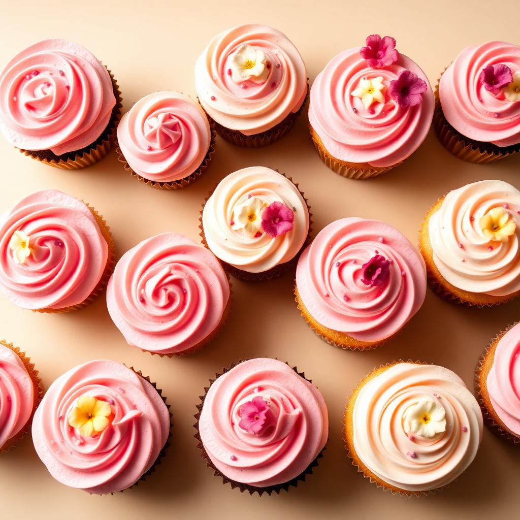 Cupcakes gourmet con buttercream rosa y flores comestibles